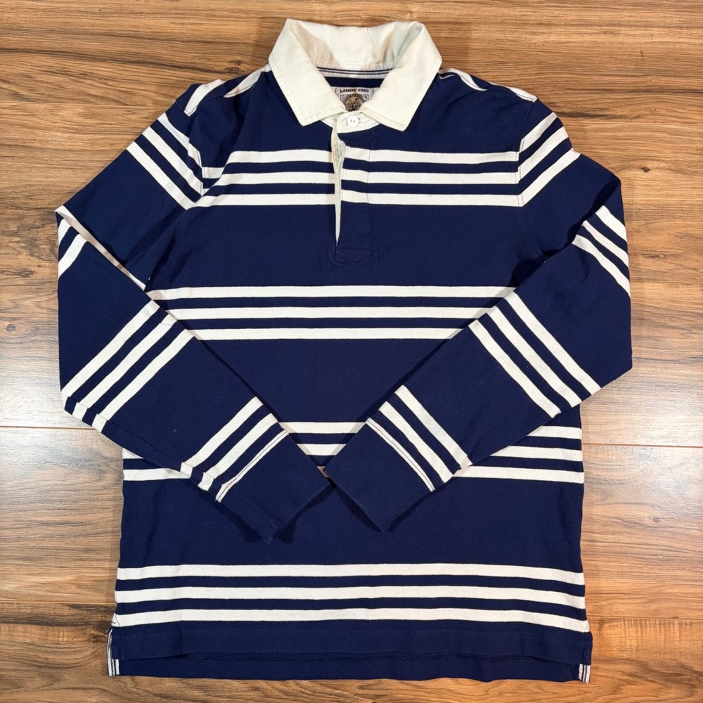 Lands End Mens Rugby Shirt Medium Navy Blue White Striped Long Sleeve Cotton